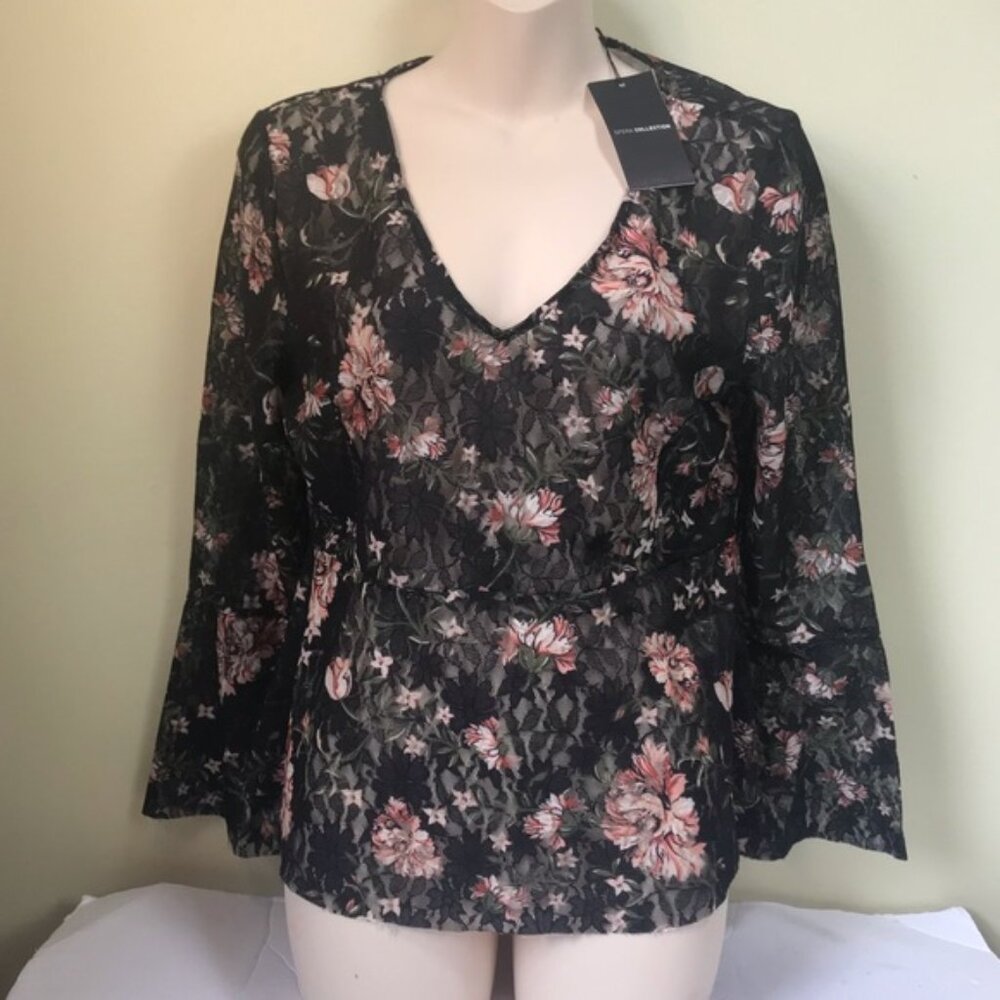 SFERA Spain NEW Lace Floral Sheer Boho Flare Bell Sleeve Peplum Stretch Top Rose